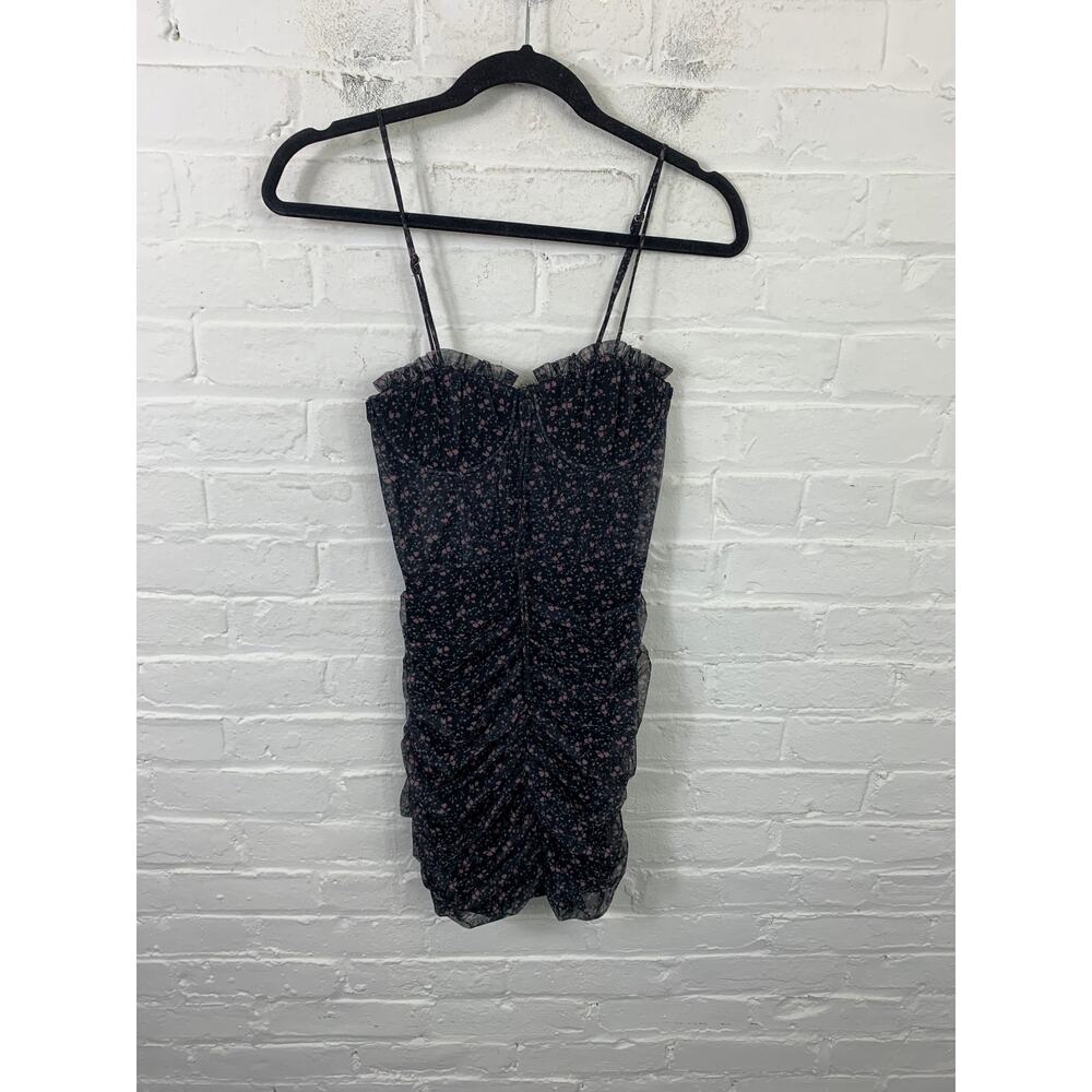Edit by Nine Women's Ruched Floral Mesh Mini Dress Sleeveless Black Size Medium